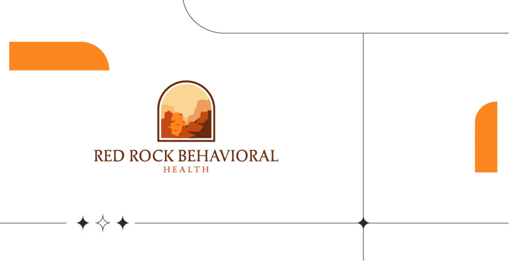 Logo for Red Rock Behavioral Health: an arched window with canyon silhouettes in orange tones and brown outline, with the brand name below.